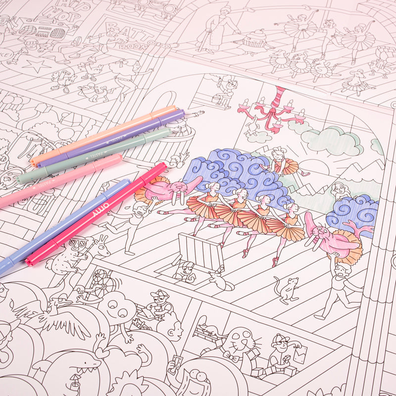 XXL Ausmalposter "Dance" von OMY - Detailaufnahme mit teilweise ausgemalten Elementen