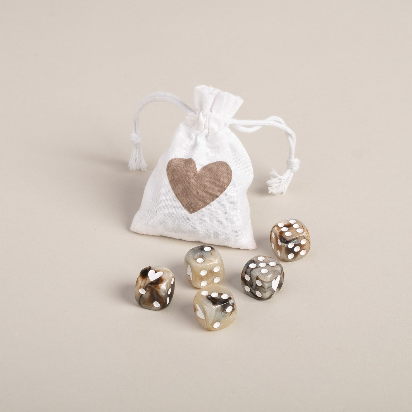 Würfelset braun Perlmutt struktur von Eulenschnitt – mit Stoffbeutel