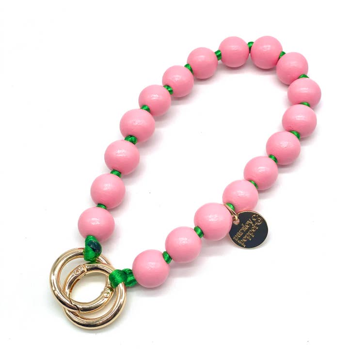 Stylische Handykette mit Holzperlen in den sommerlichen Farben rosa & grün. 