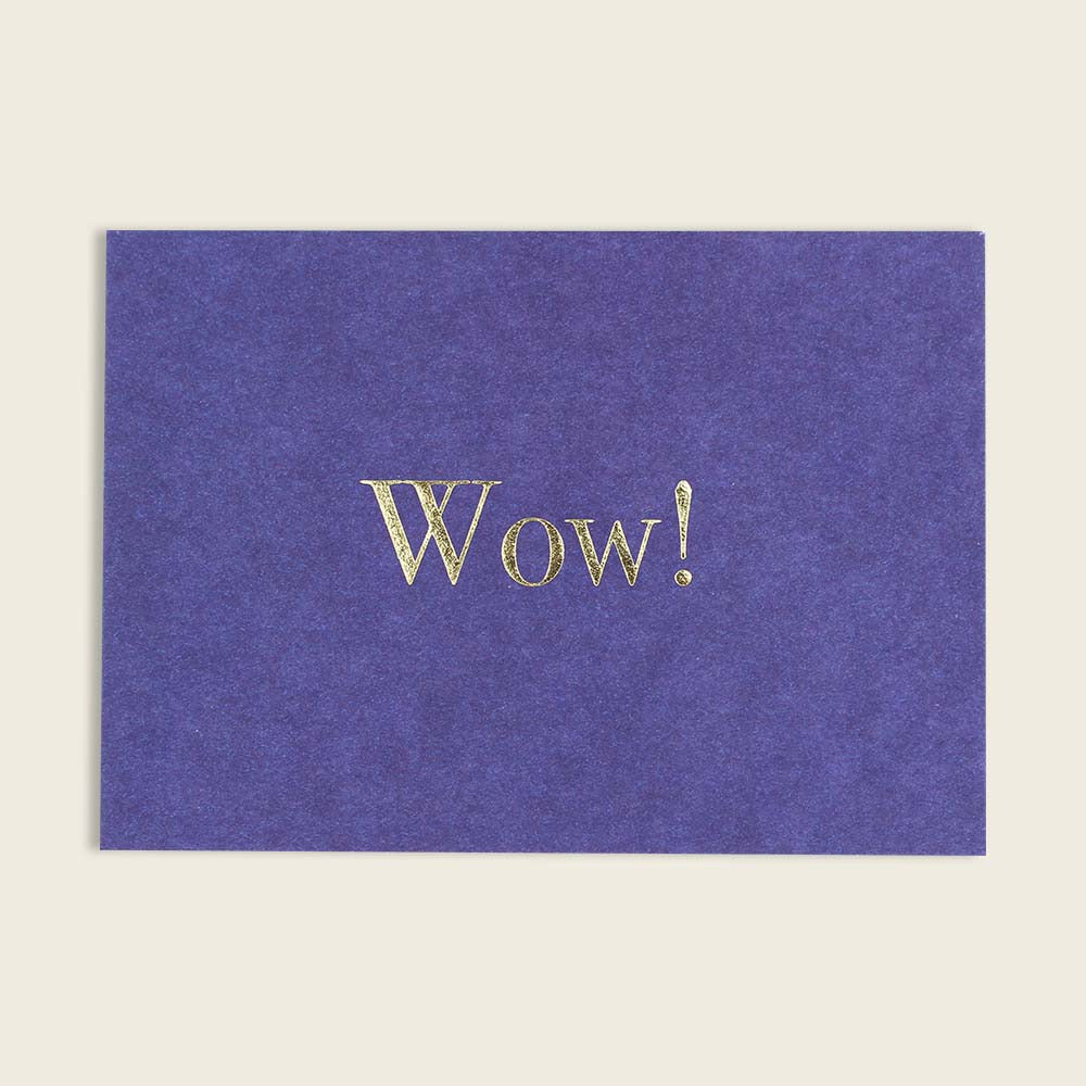 Postkarte "Wow!" in blau von Ava & Yves - gedruckt auf hochwertiger Holzschliffpappe mit Goldveredlung. Rückseite blanko.