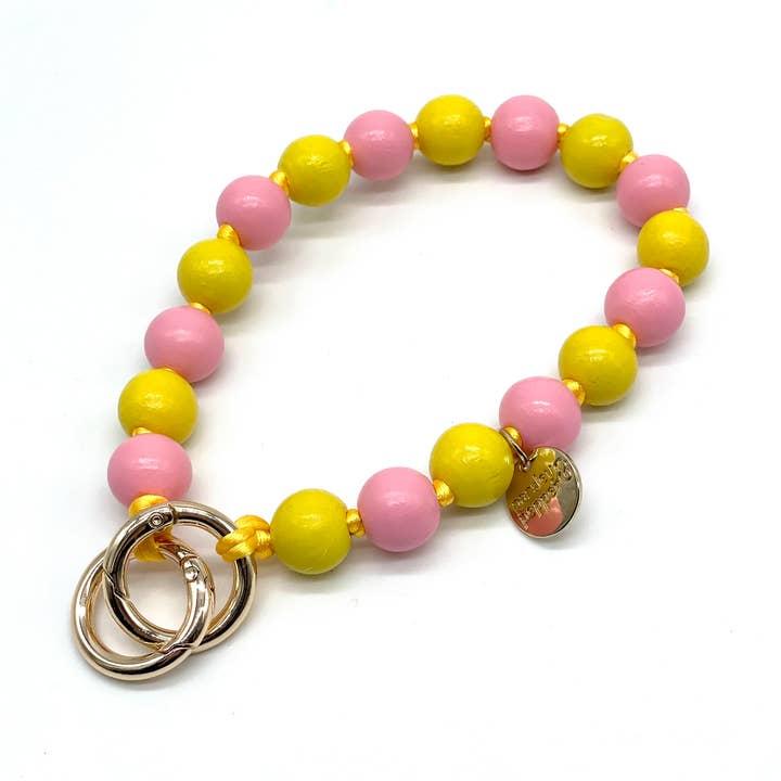 Stylische Handykette mit duo Holzperlen in den sommerlichen Farben gelb & rosa. 