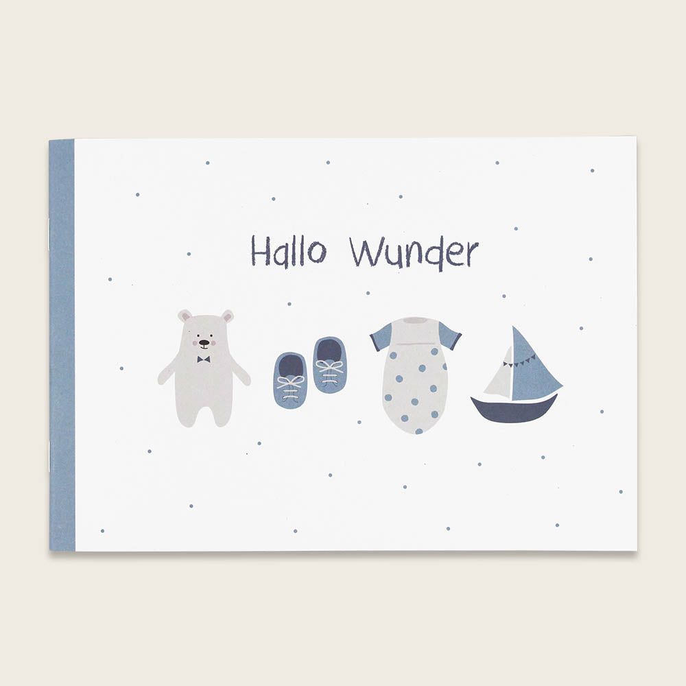 Freundeheft "Hallo Wunder" in blau von Ava & Yves - Softcover. 24 Seiten mit viel Platz für Erinnerungen zur Geburt