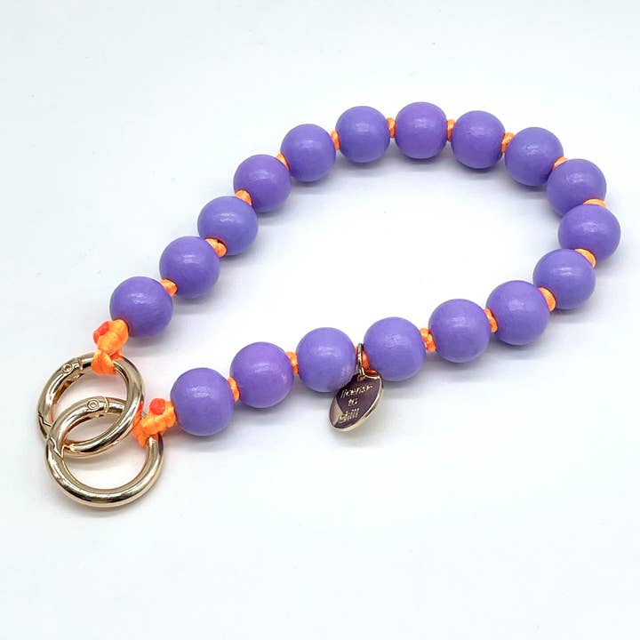 Stylische Handykette mit Holzperlen in den sommerlichen Farben lila und orange. 