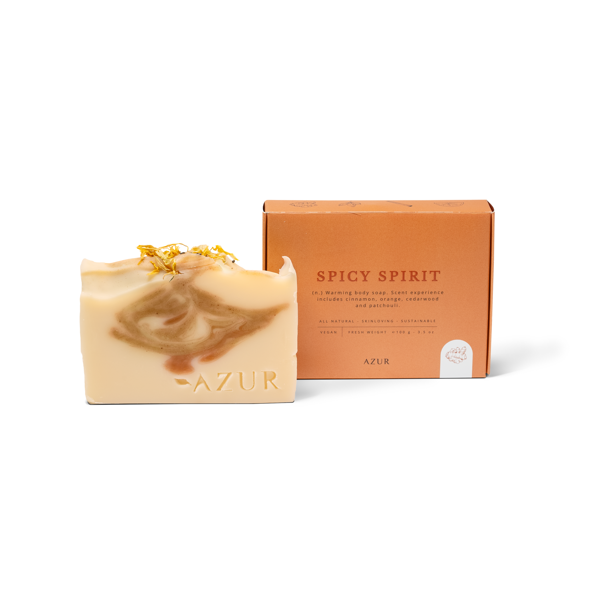 Handgemachte Seife „Spicy Spirit“ von Azur Natural Bodycare mit Kurkuma, Zedernholz und Patschuli