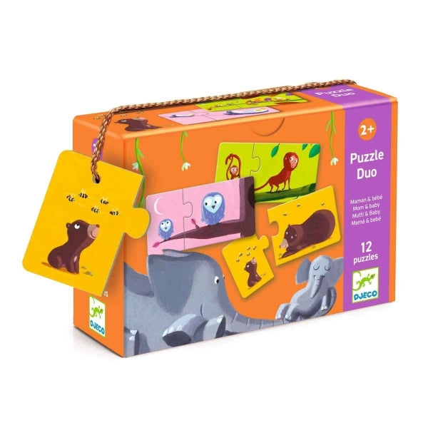 Duo-Puzzle "Mama & Kind" von Djeco: Lernpuzzle für die ganz Kleinen, bei dem das Kind die Mama mit ihrem Baby zusammensetzt. Im praktischen KArton. 