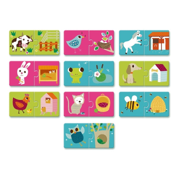 Duo-Puzzle "Wo wohne ich?" von Djeco: Lernpuzzle zum Lebensraum der Tiere, bestehend aus 10 x 2-teiliegen Puzzlen.