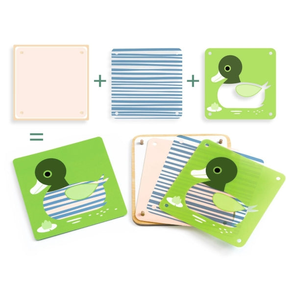 Lernspiel "Animologix" von Djeco - Durchsichtige Karten, die beim Schichten vollständige Tiere bilden.