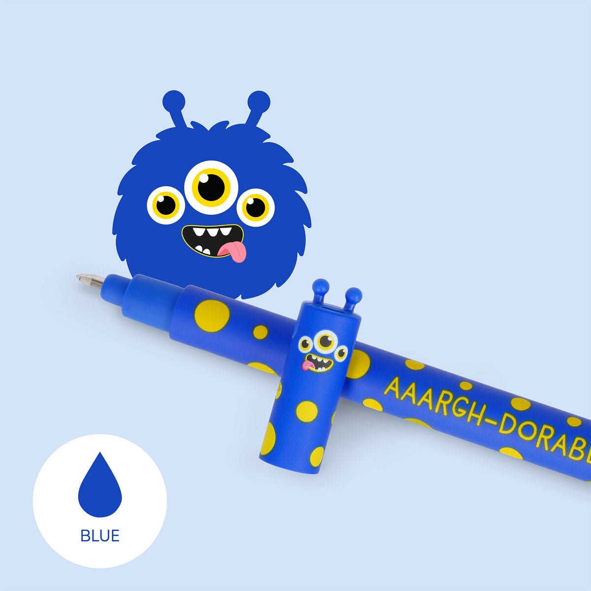 Löschbare Gelstift mit Monsterkopf von Legami:  Mit blauer Tinte.