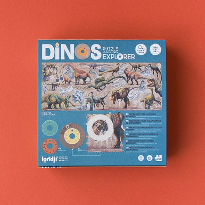 Explorer Puzzle "Dinos" von Londji: 350-teiliges Puzzle + 3 Entdeckerscheiben mit Infos über die Uhrzeiz Giganten