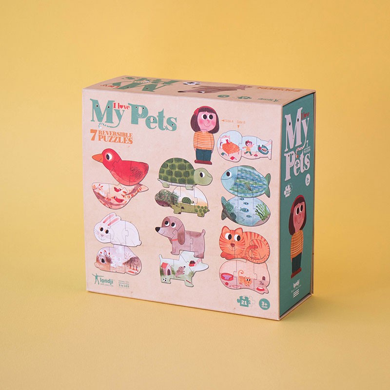 Puzzle "I love my Pets" von Londji - 7 doppelseitige Puzzles, ideal für kleine Hände