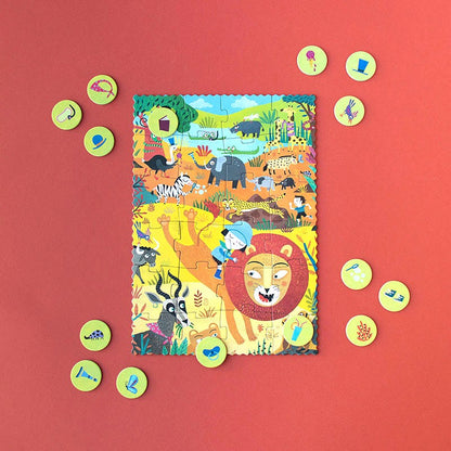 Pocket Puzzle "My Little Jungle" von Londji: fertiges Puzzle mit Coins zum Entdecken der vielfältigen Details