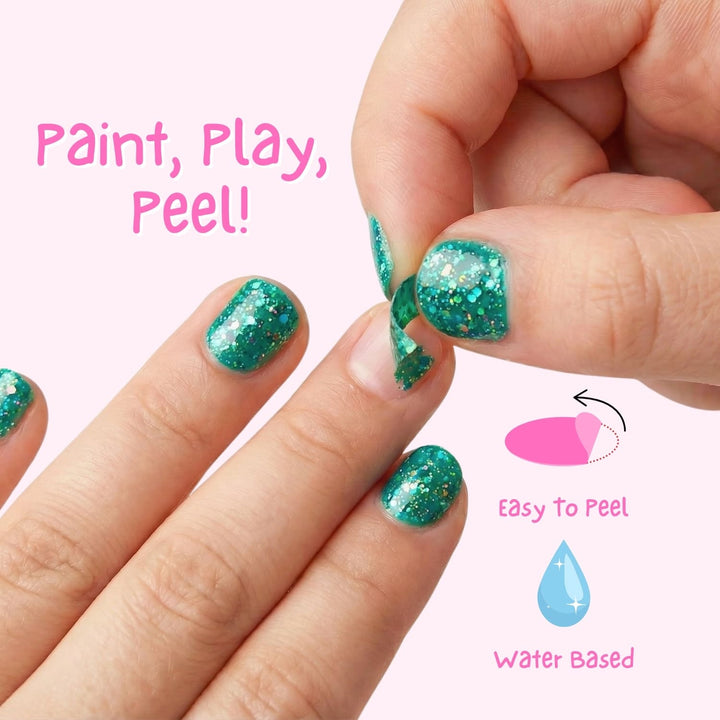 Kindernagellack „Field trips im glitzerndem Grün von Miss Nella. Peel-off Nagellack für Kinder: einfach abziehbar & frei von chemischen Inhaltsstoffen.