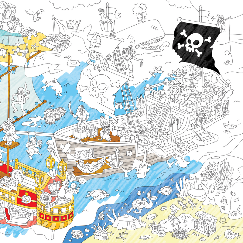 XXL Ausmalposter "Piraten" von OMY- Detailansicht mit teils ausgemalten Elementen