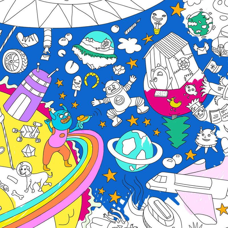 XXL Ausmalposter Cosmos von OMY- Detailansicht mit ausgemalten Elementen