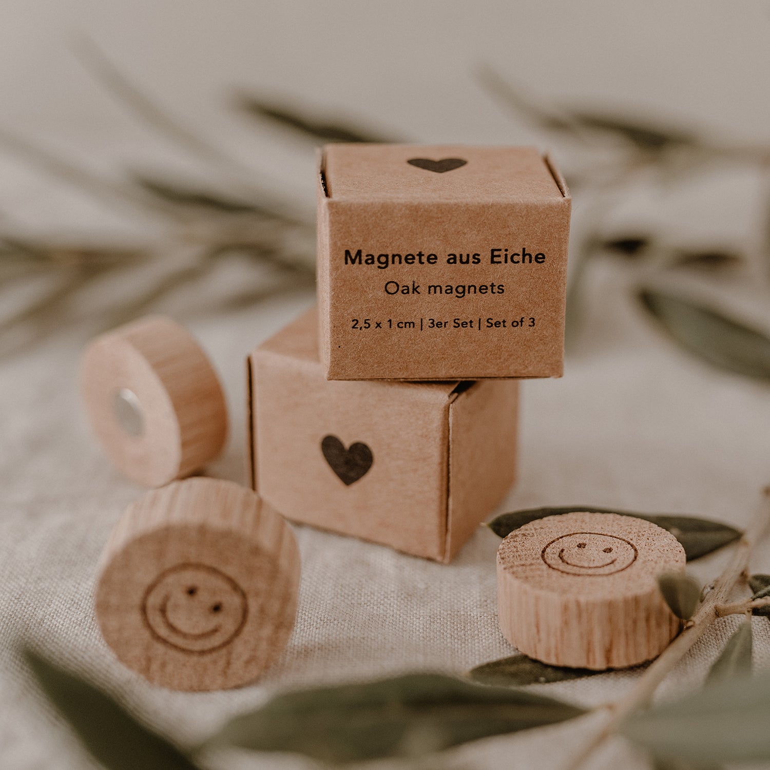 Holzmagnete Smiley im 3er Set – mit Geschenkverpackung, kleine Aufmerksamkeit