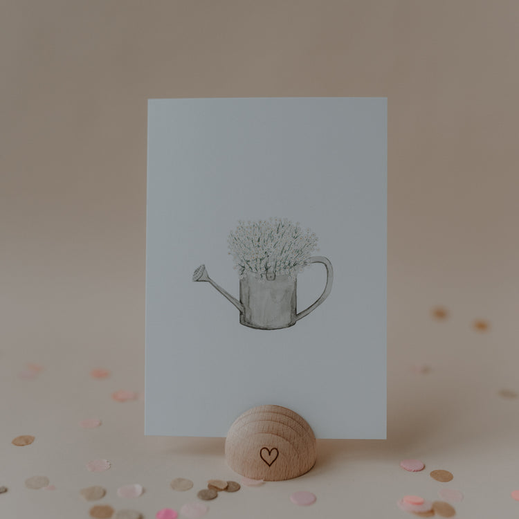 Liebevoll designte Postkarte „Flower Can“ von Eulenschnitt:Aquarelldesign, 400g Papier, made in Germany.Rückseite blanko. 