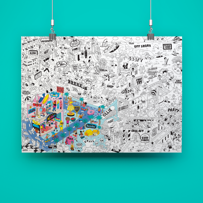 XXL Ausmalposter "Surf &Skate" von OMY - Ansicht des gesamten Poster mit teilweise ausgemalten Elementen