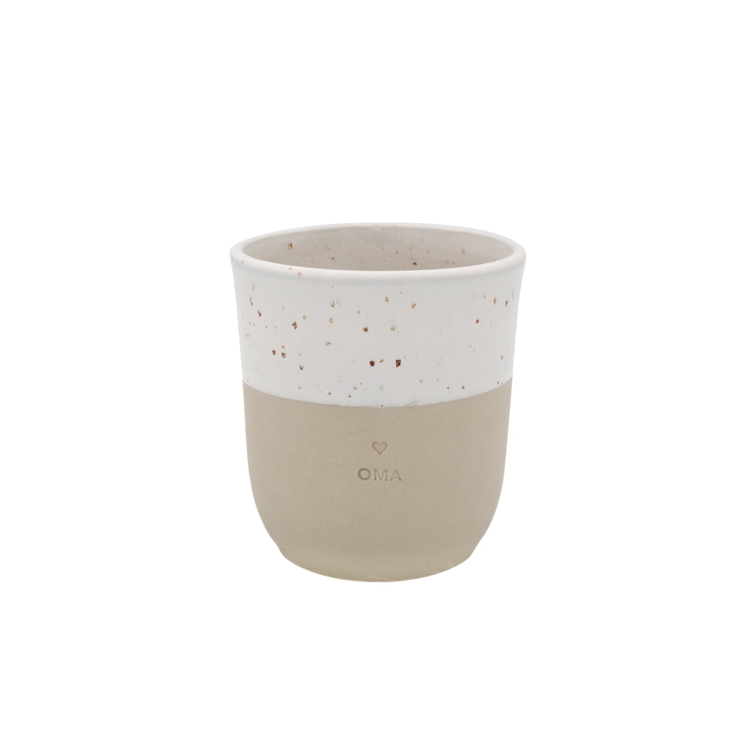 Becher Oma von Eulenschnitt – handgemachter Steingutbecher mit Schriftzug Om