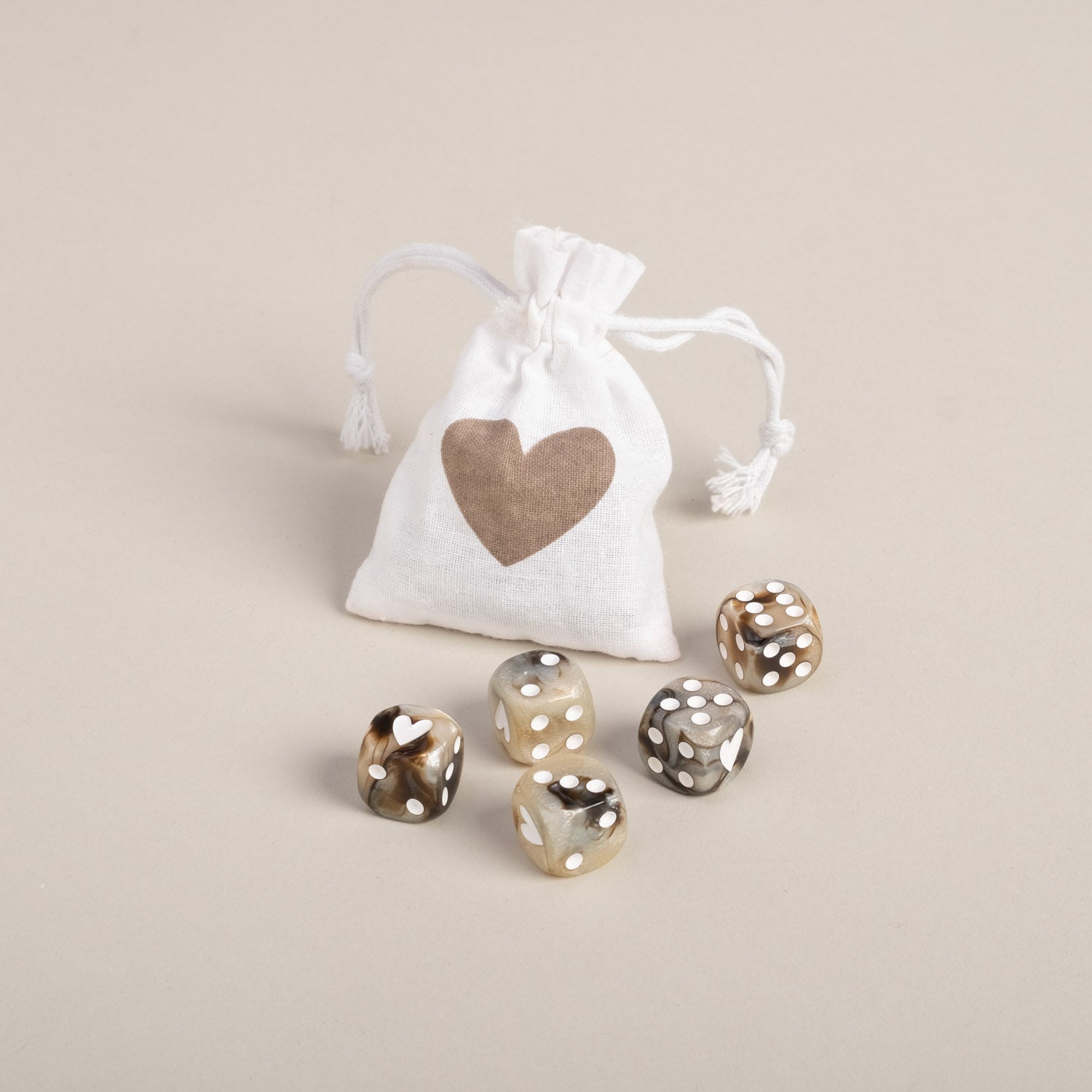 Würfelset braun Perlmutt struktur von Eulenschnitt – mit Stoffbeutel